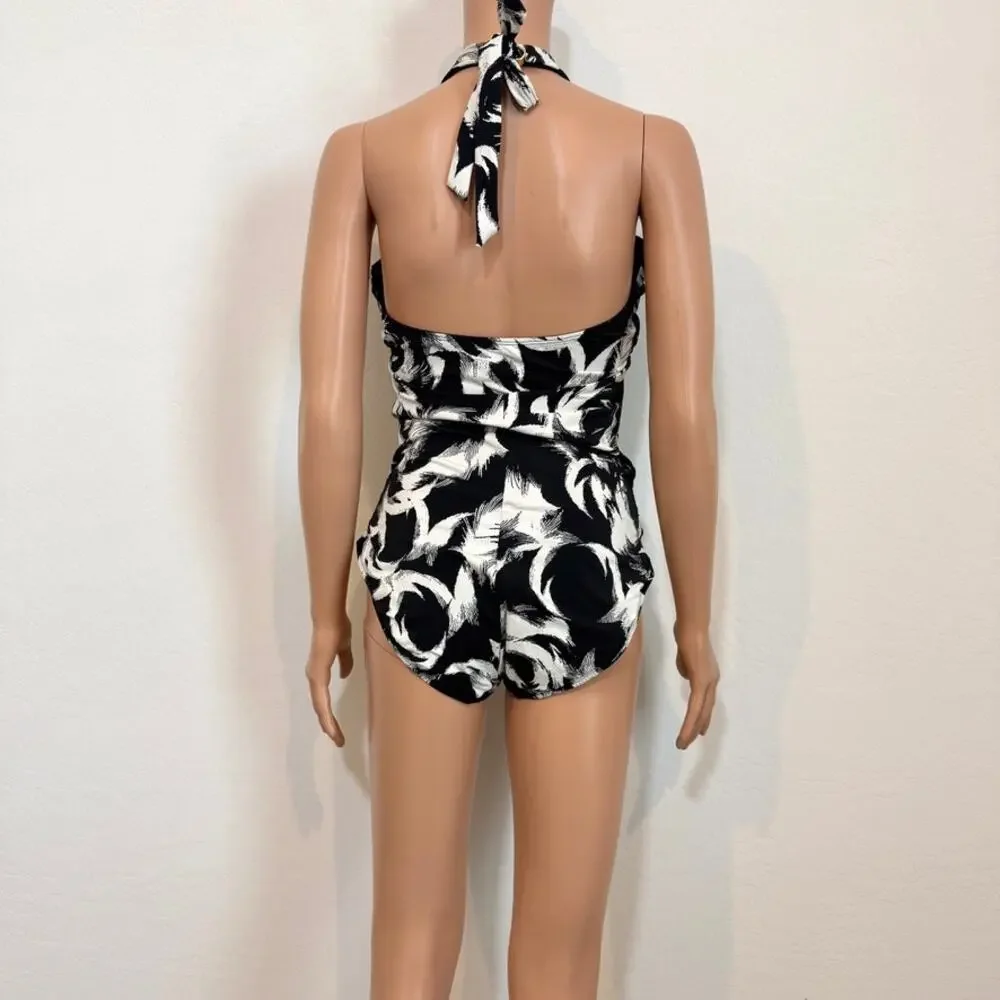 Spanx 12 Decadent Decollete Vortex print halter one piece swimsuit SW 2866